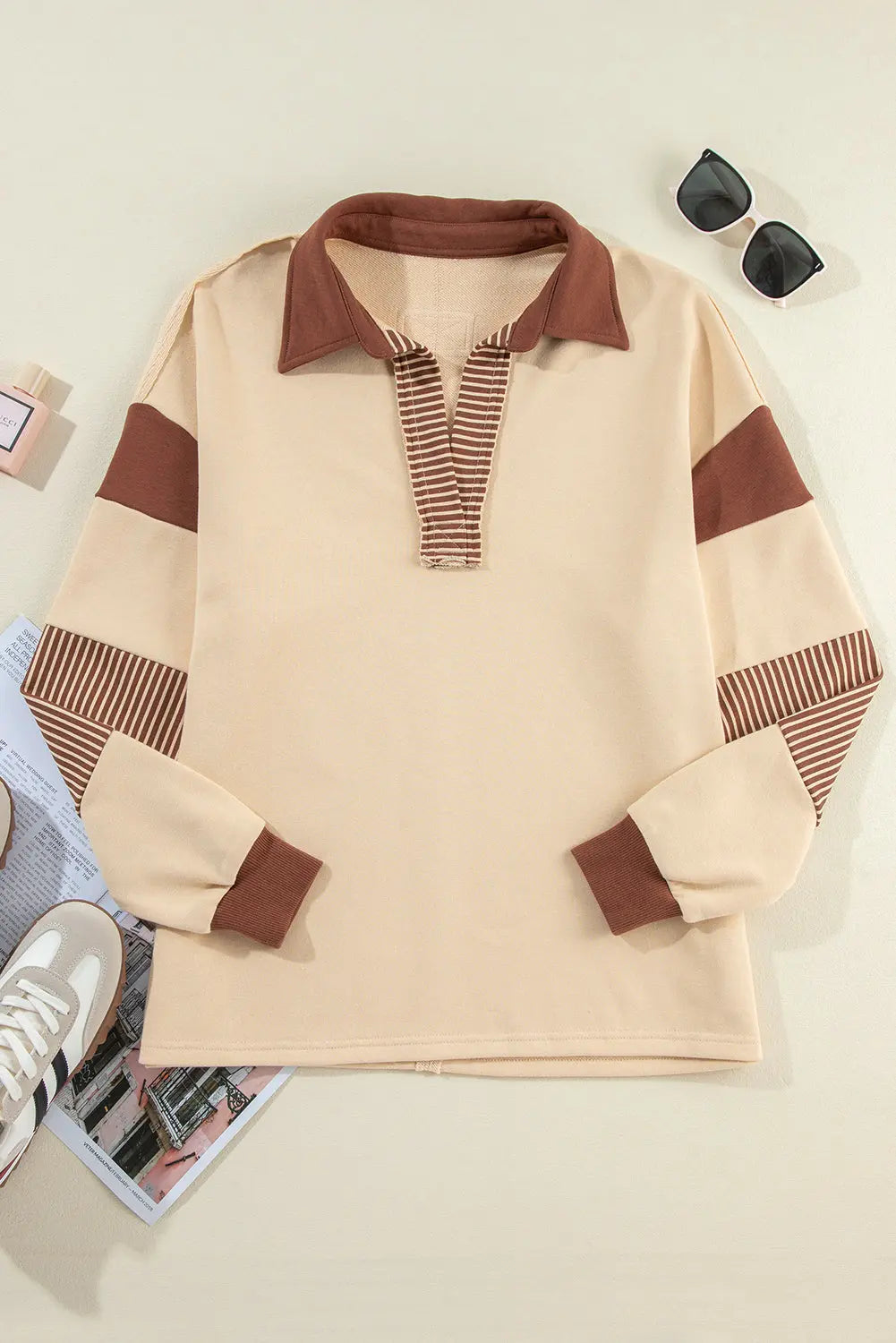Sail Blue Striped Colorblock Patchwork Collar Sweatshirt - eAura
