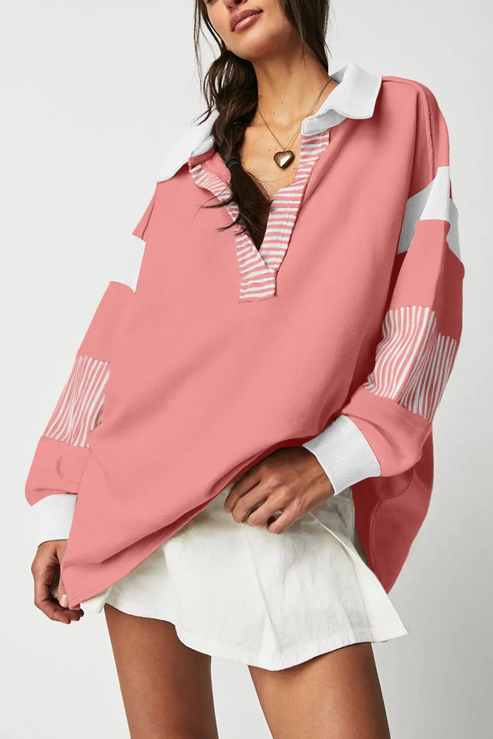 Sail Blue Striped Colorblock Patchwork Collar Sweatshirt - eAura