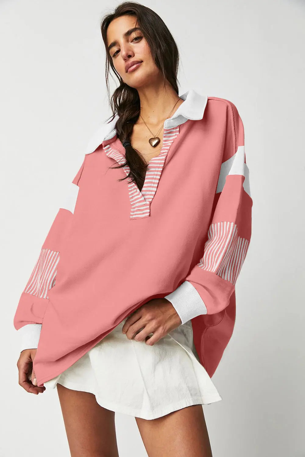 Sail Blue Striped Colorblock Patchwork Collar Sweatshirt - eAura
