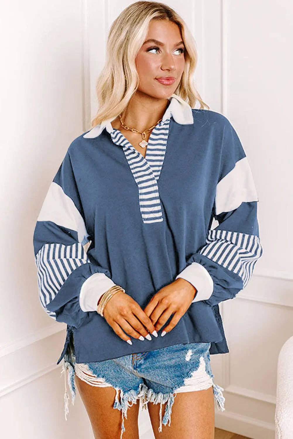 Sail Blue Striped Colourblock Patchwork Collar Sweatshirt - BB Fashion Outlet