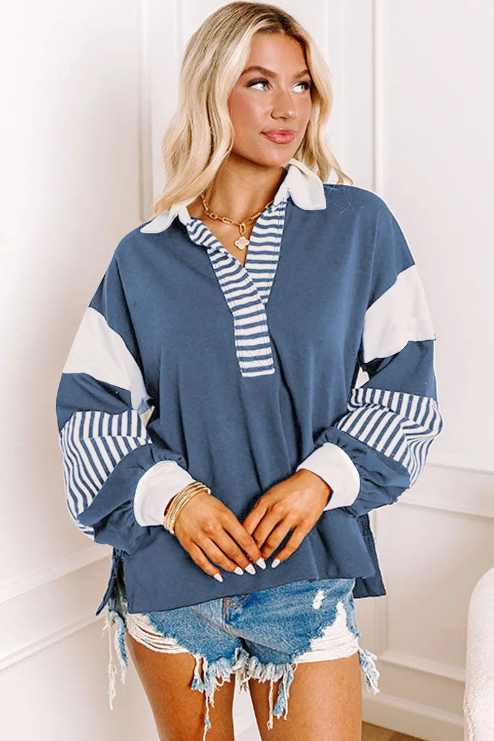 Sail Blue Striped Colourblock Patchwork Collar Sweatshirt - BB Fashion Outlet