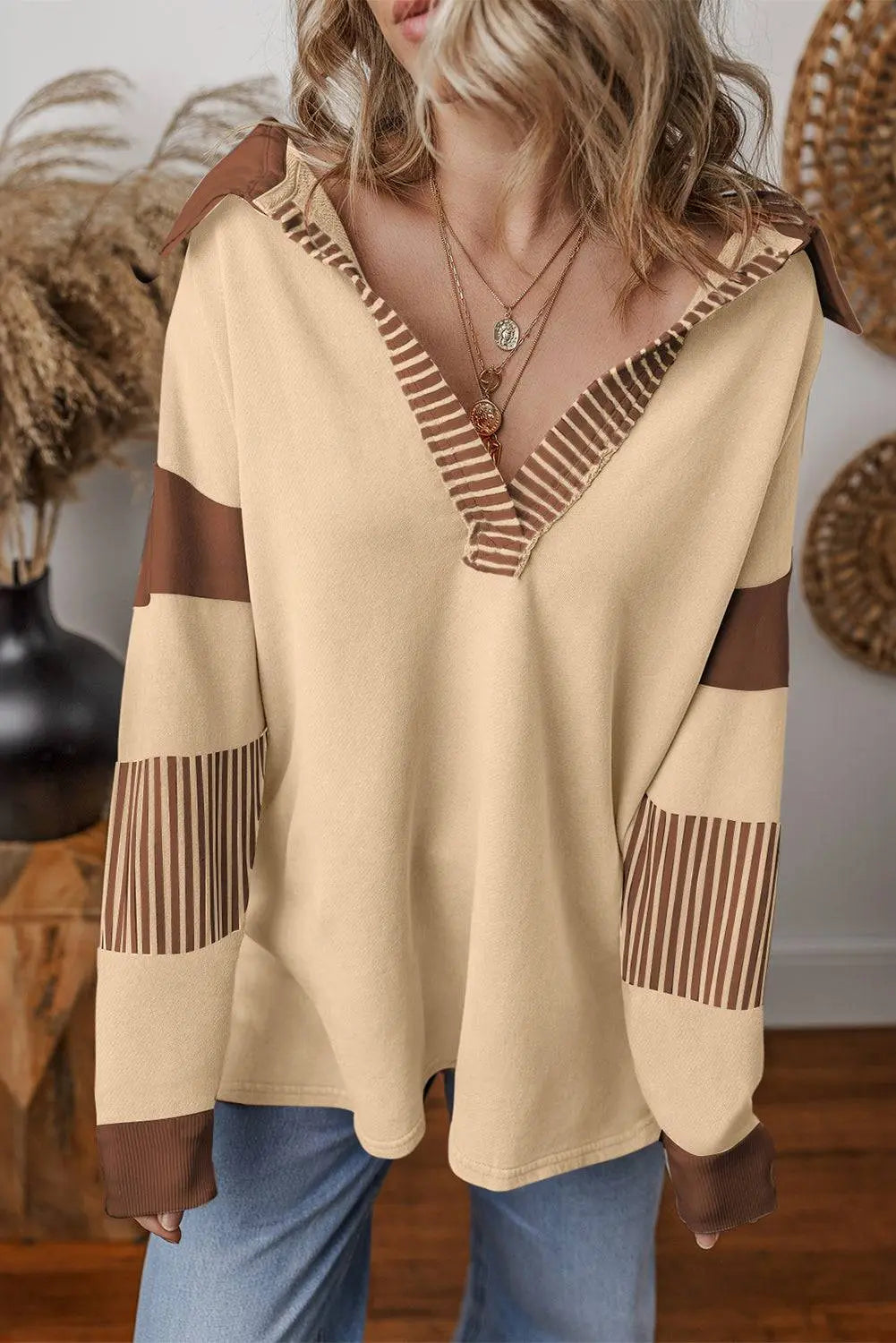 Sail Blue Striped Colourblock Patchwork Collar Sweatshirt - BB Fashion Outlet
