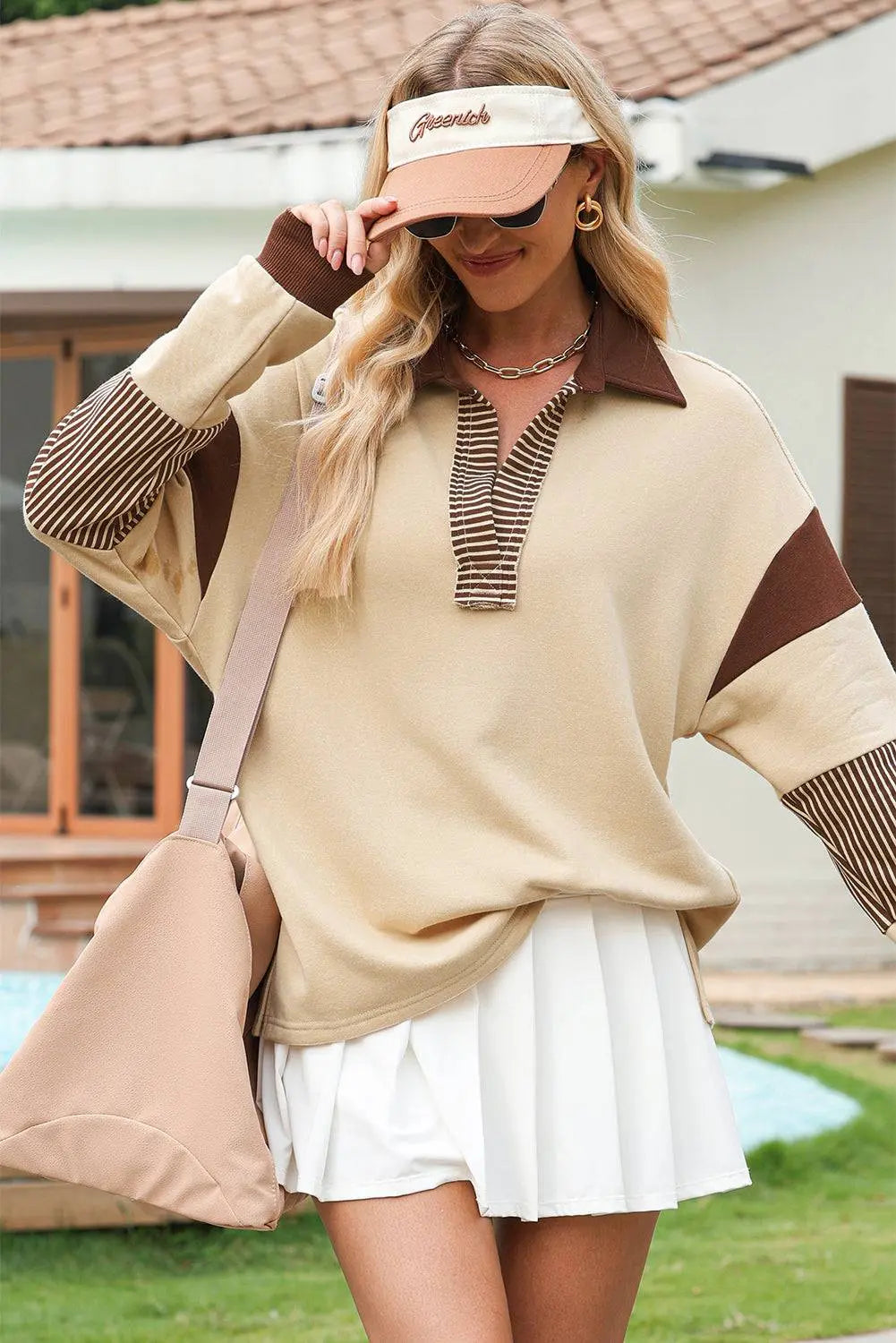 Sail Blue Striped Colourblock Patchwork Collar Sweatshirt - BB Fashion Outlet