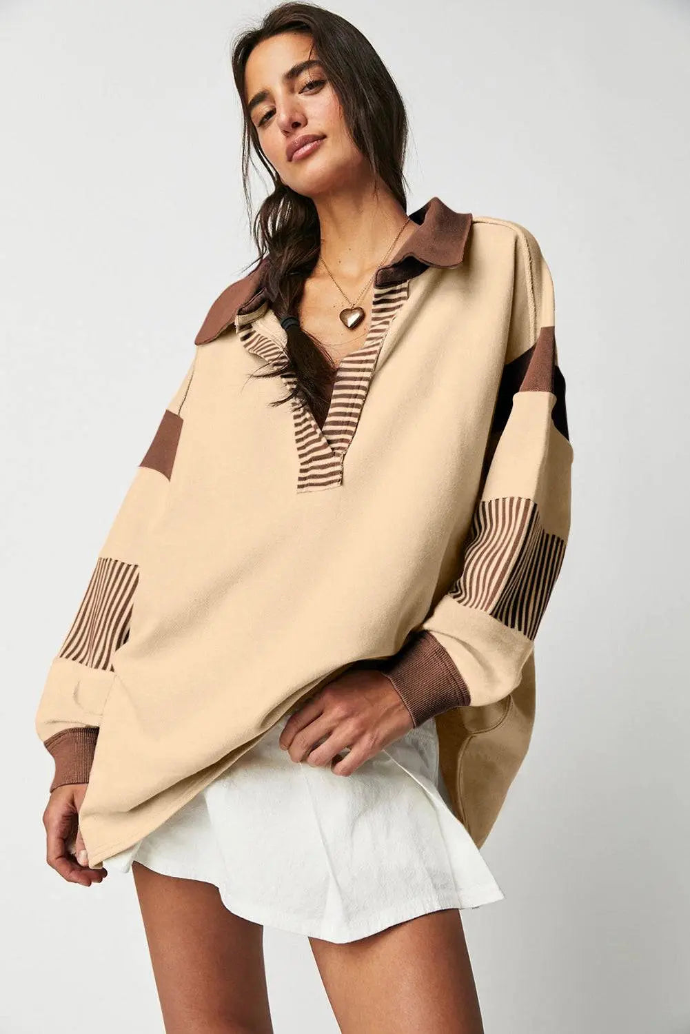 Sail Blue Striped Colourblock Patchwork Collar Sweatshirt - BB Fashion Outlet
