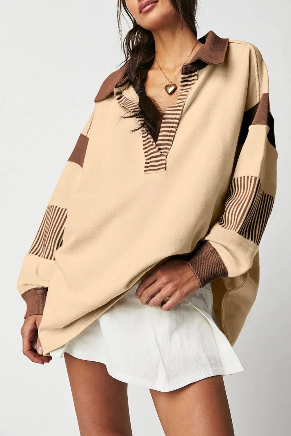Sail Blue Striped Colourblock Patchwork Collar Sweatshirt - BB Fashion Outlet