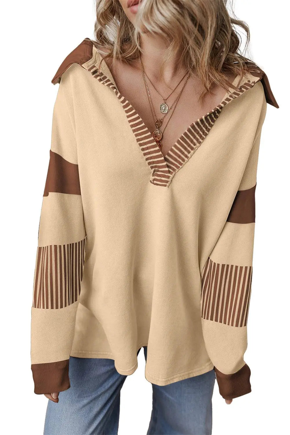 Sail Blue Striped Colourblock Patchwork Collar Sweatshirt - BB Fashion Outlet