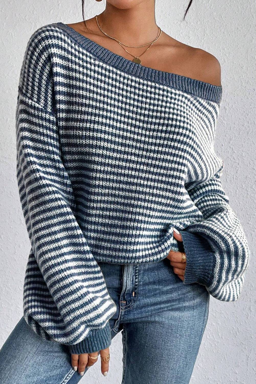 Sail Blue Striped Lantern Sleeve Drop Shoulder Cozy Sweater - eAura