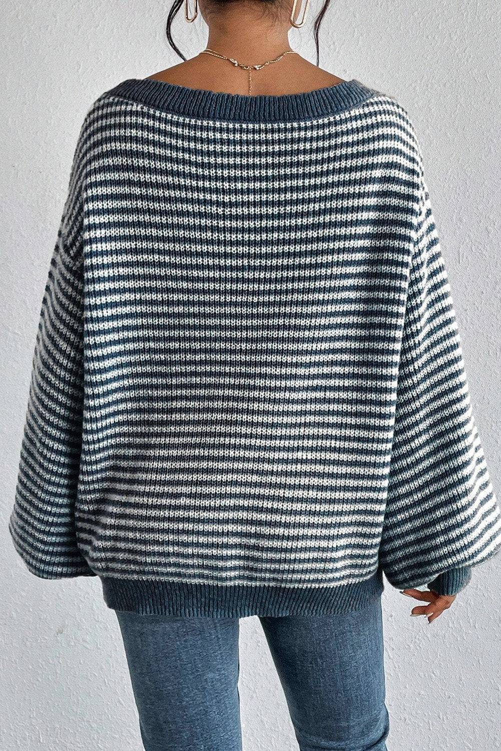 Sail Blue Striped Lantern Sleeve Drop Shoulder Cozy Sweater - eAura