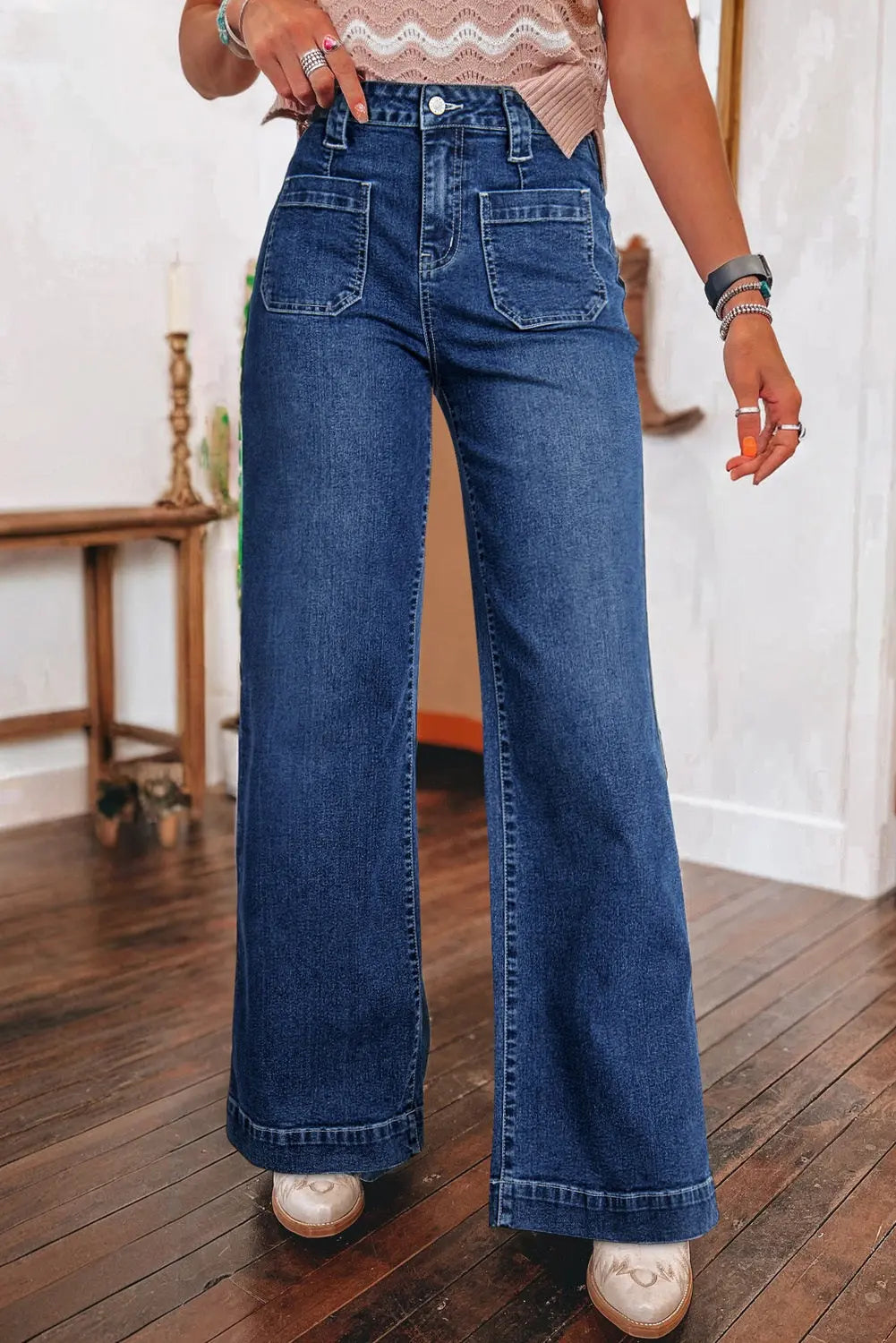 Sail Blue Wide Leg Pocketed High Waist Jeans eAura