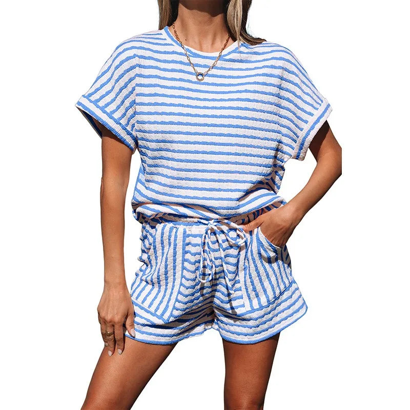Striped Casual 2 Piece Co-ord Set Short Sleeve T-Shirt NS Drawstring Shorts eprolo