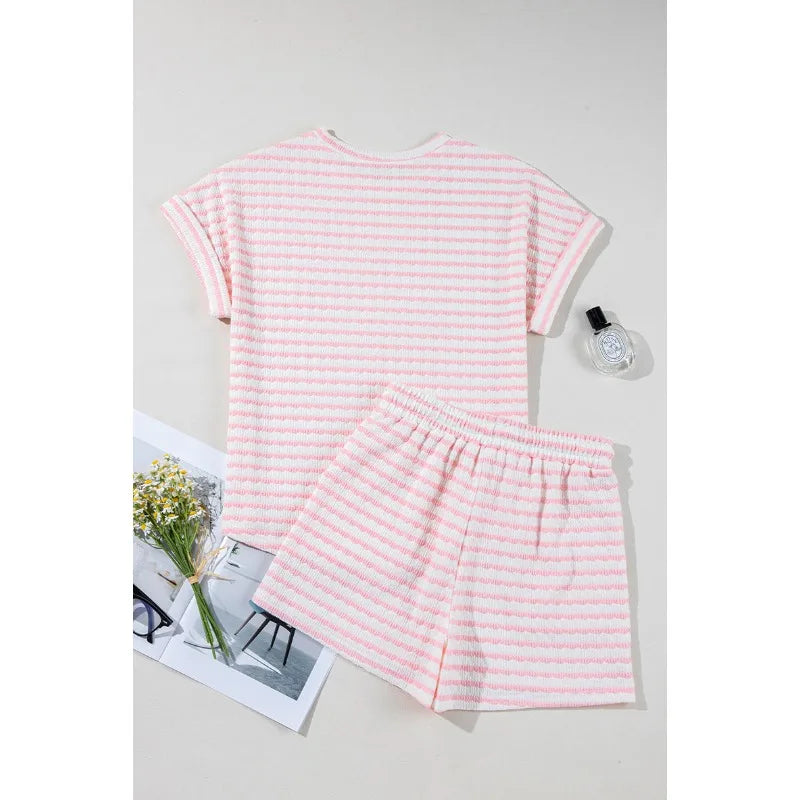 Striped Casual 2 Piece Co-ord Set Short Sleeve T-Shirt NS Drawstring Shorts eprolo