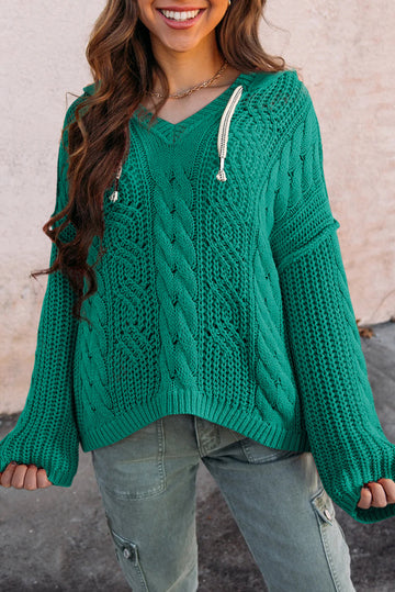 Sea Green Cable Knit V Neck Contrast Drawstring Hooded Sweater - eAura