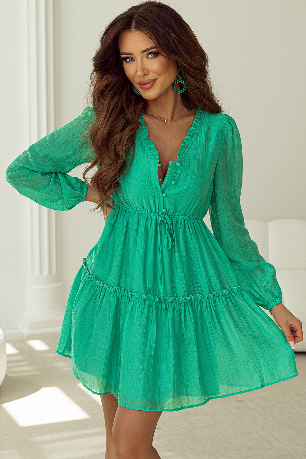 Sea Green Frilly V Neck Puff Sleeve Drawstring Shift Mini Dress - SEA GREEN / S / 85% LYOCELL + 15% POLYAMIDE