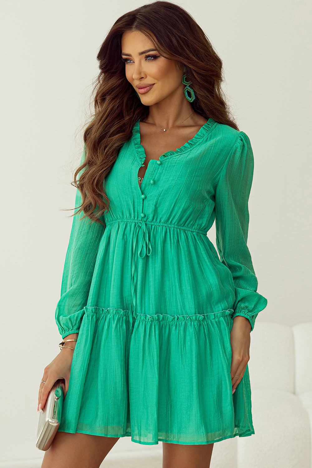 Sea Green Frilly V Neck Puff Sleeve Drawstring Shift Mini Dress - Dresses/Mini Dresses