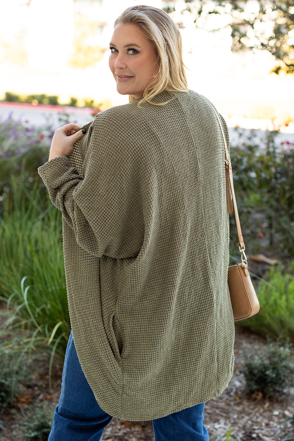 Seagrass Waffle Knit Drop Shoulder Open Front Pocketed Plus Size Cardigan - eAura