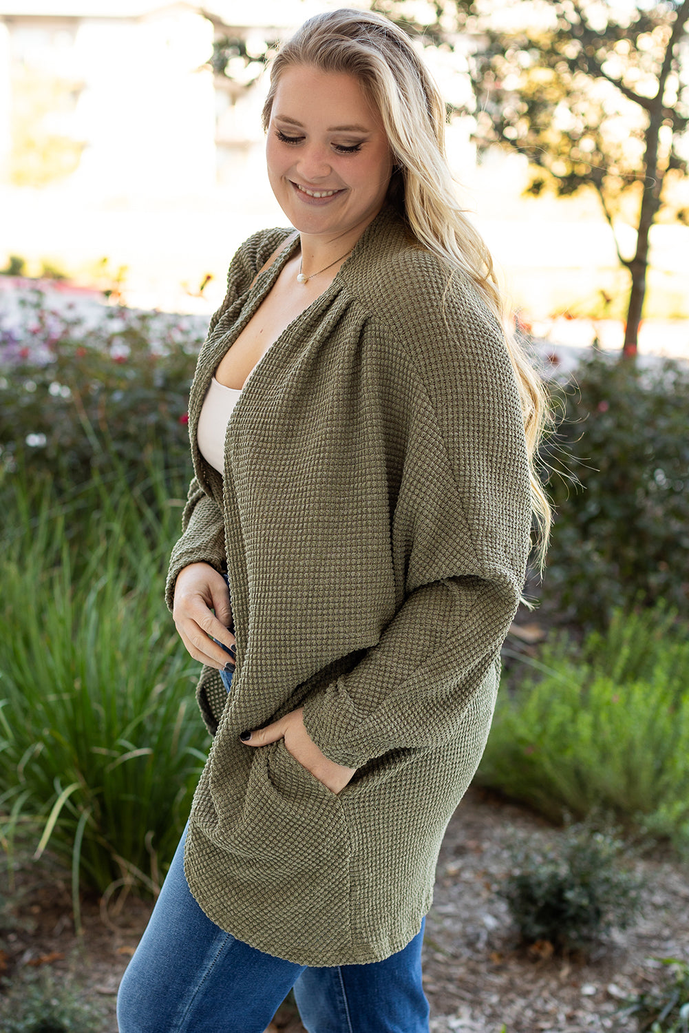 Seagrass Waffle Knit Drop Shoulder Open Front Pocketed Plus Size Cardigan - eAura