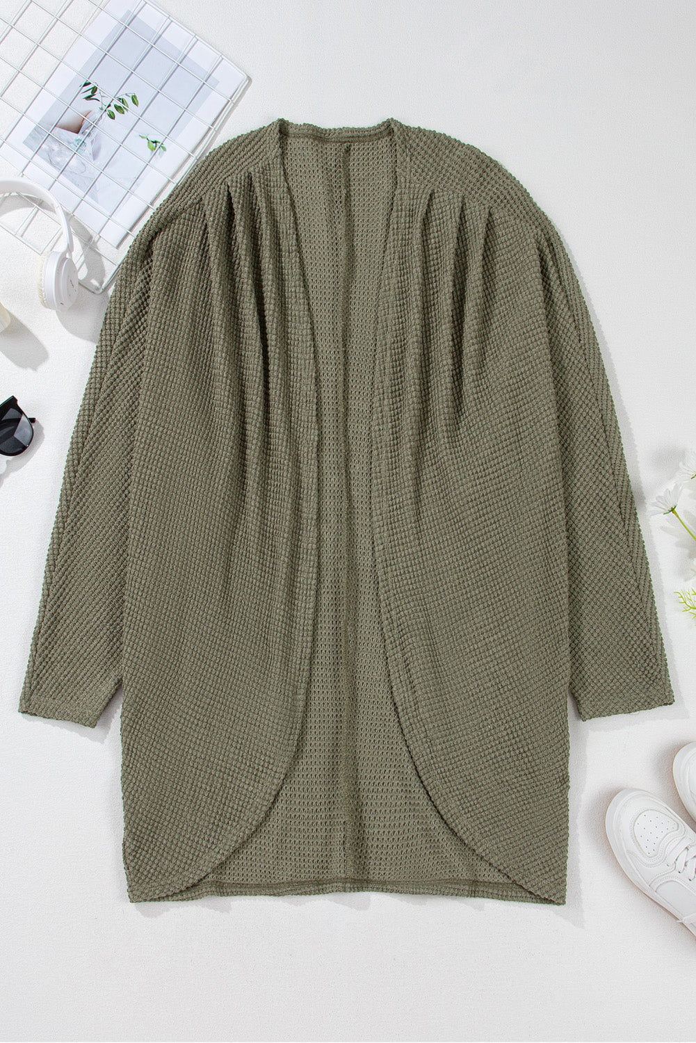Seagrass Waffle Knit Drop Shoulder Open Front Pocketed Plus Size Cardigan - eAura