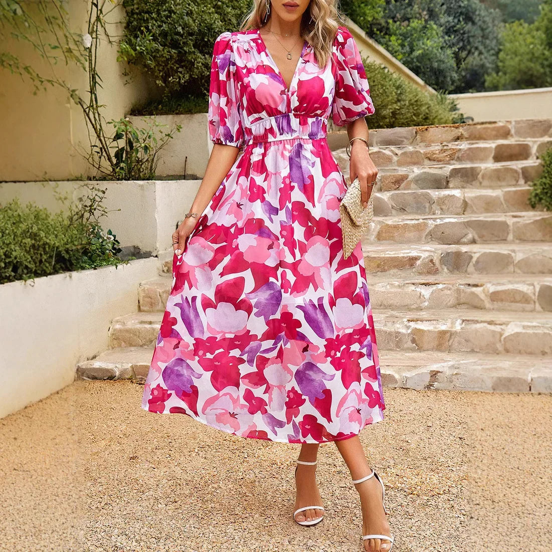 V-neck Long Chiffon Lined Dress eprolo