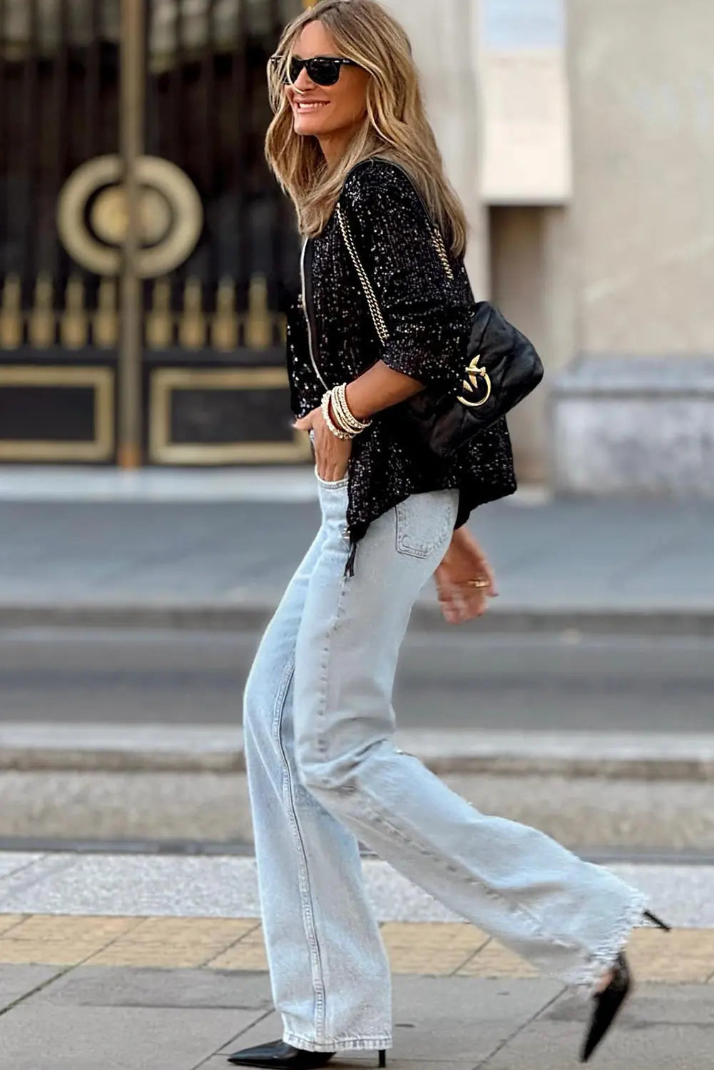 Sequin Zip up Round Neck Long Sleeve Jacket - eAura