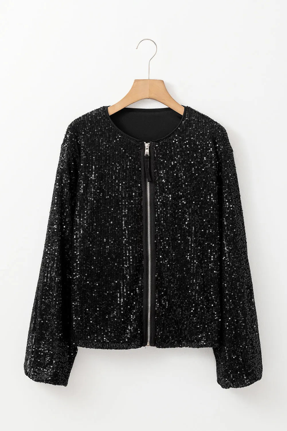 Sequin Zip up Round Neck Long Sleeve Jacket - eAura