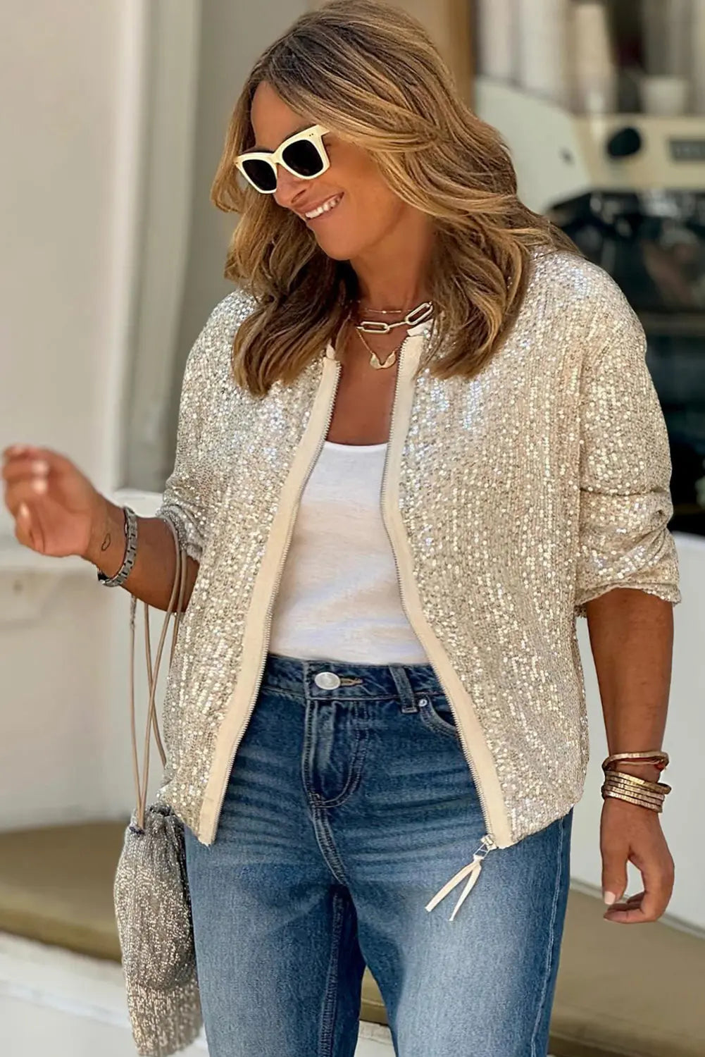 Sequin Zip up Round Neck Long Sleeve Jacket - eAura