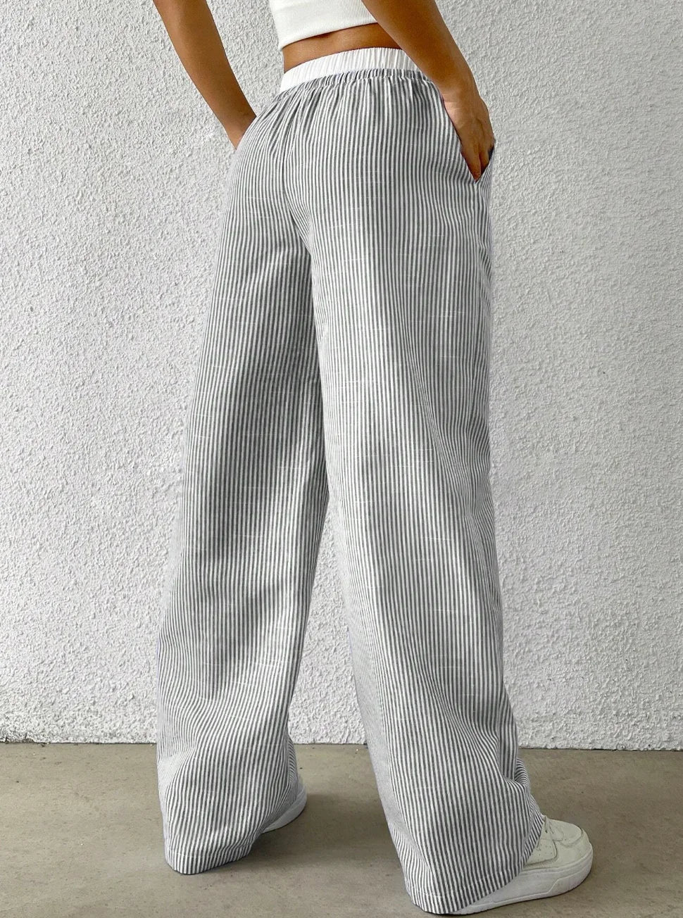 Loose Drawstring Trousers Black Striped eprolo
