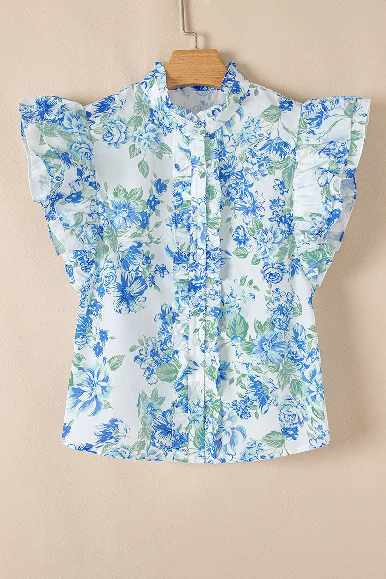Short Sleeve Blouse Floral Print Cap Sleeves - eAura