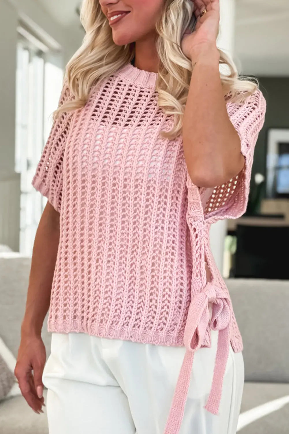 Side Tie Hollow-out Crochet Knit Top - eAura