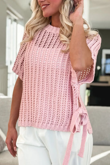 Side Tie Hollow-out Crochet Knit Top - eAura