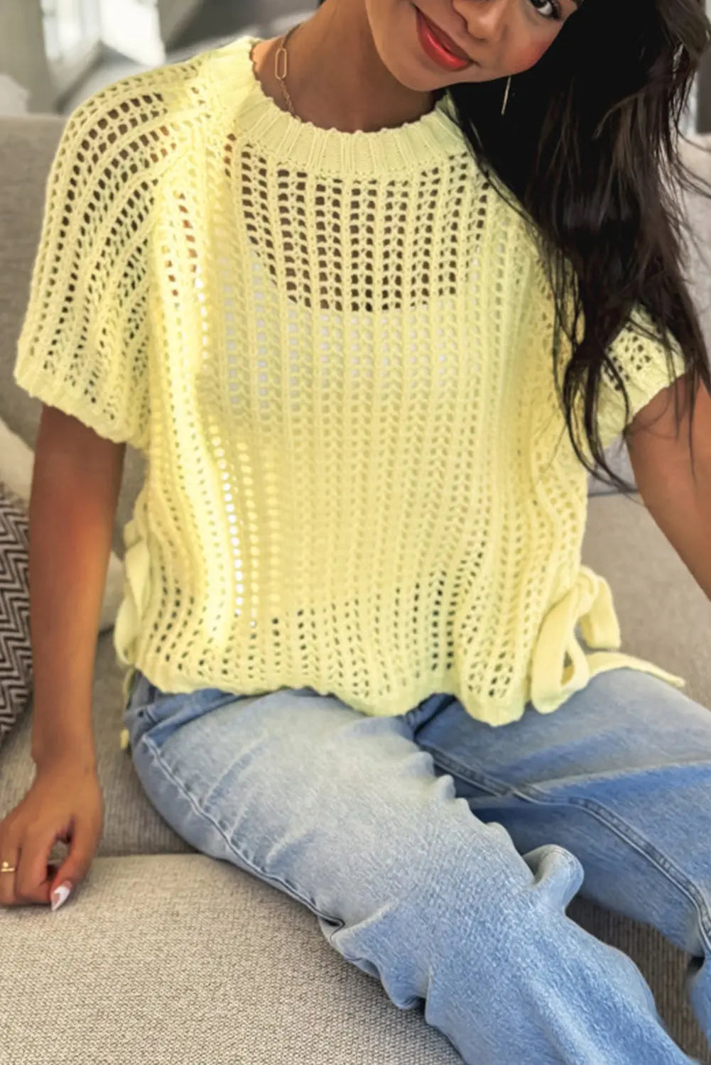 Side Tie Hollow-out Crochet Knit Top - eAura