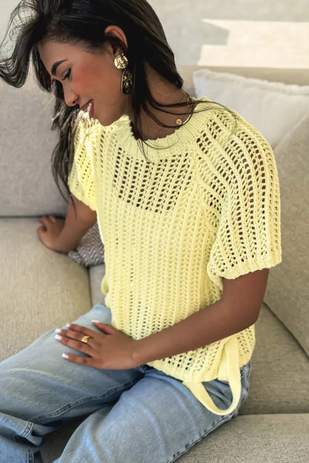 Side Tie Hollow-out Crochet Knit Top - eAura