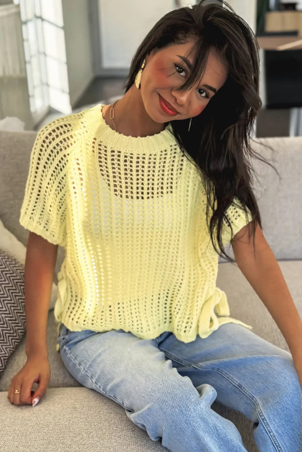 Side Tie Hollow-out Crochet Knit Top - eAura