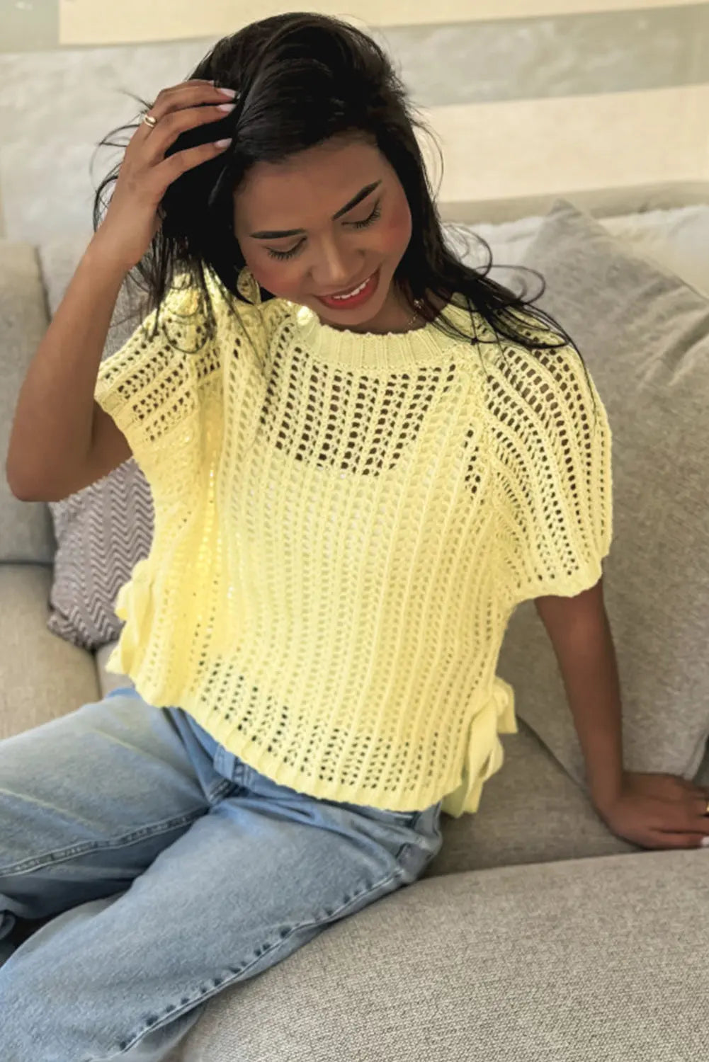 Side Tie Hollow-out Crochet Knit Top - eAura