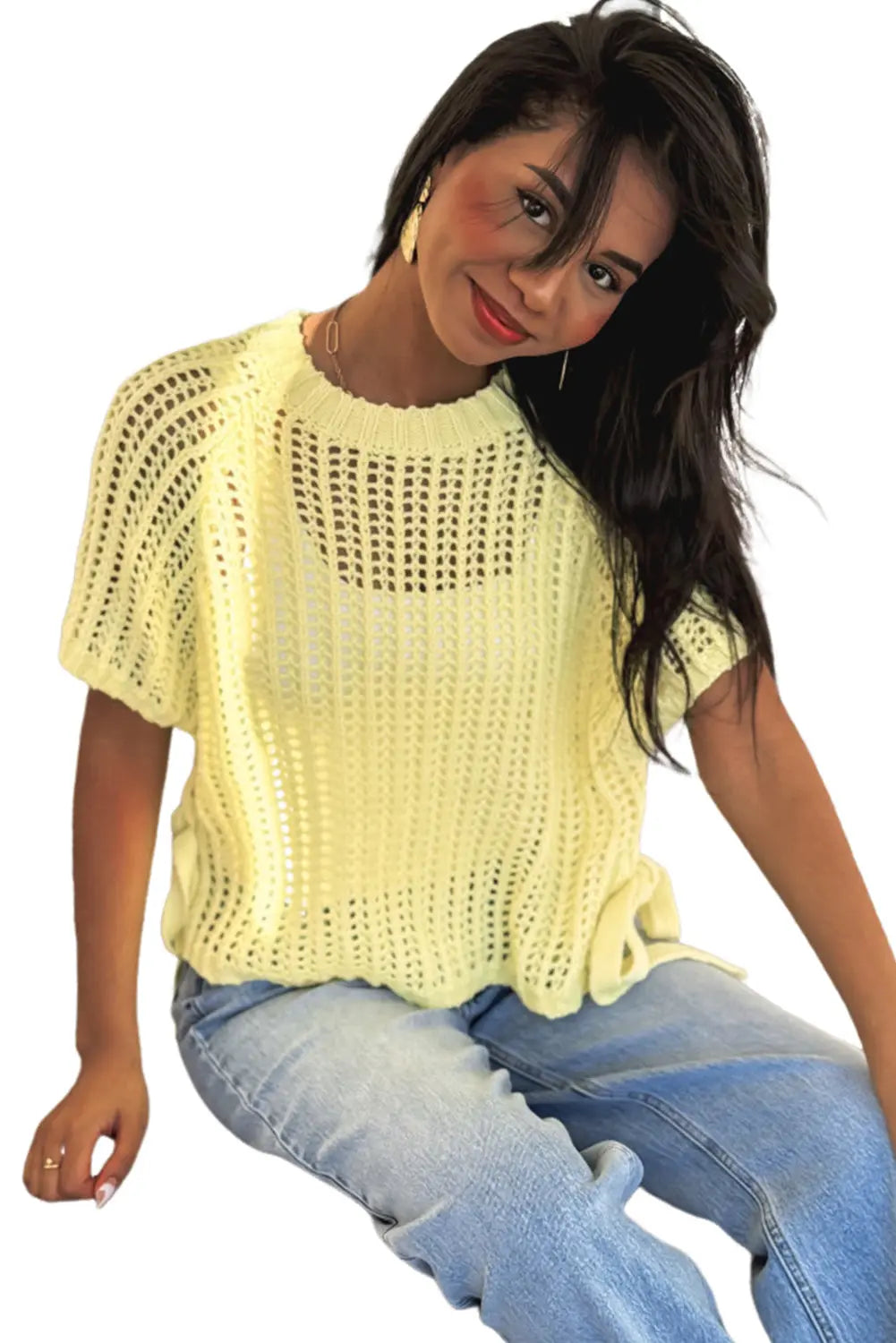 Side Tie Hollow-out Crochet Knit Top - eAura