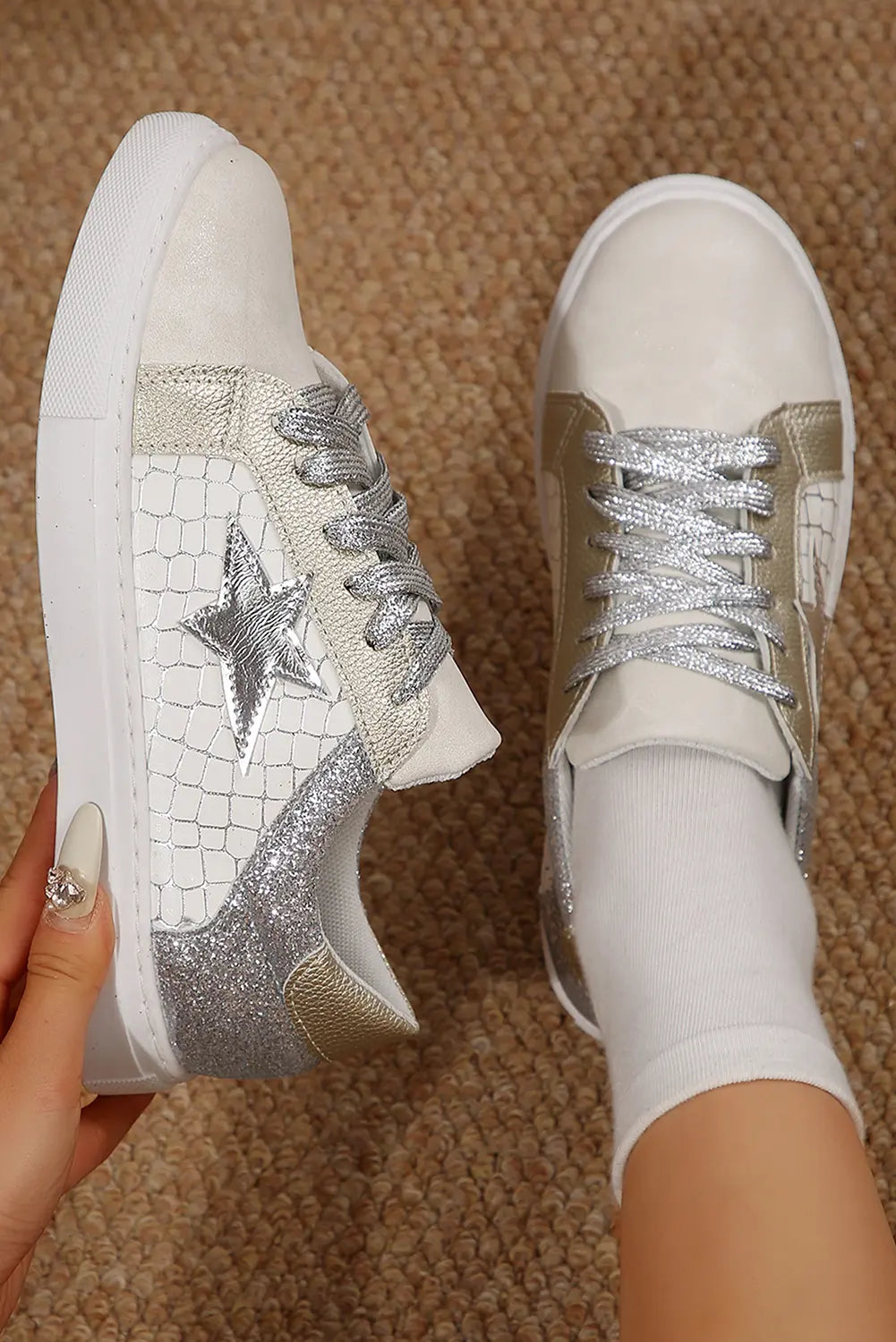 Silvery Glitter Star Patchwork PU Leather Lace-up Trainers - eAura