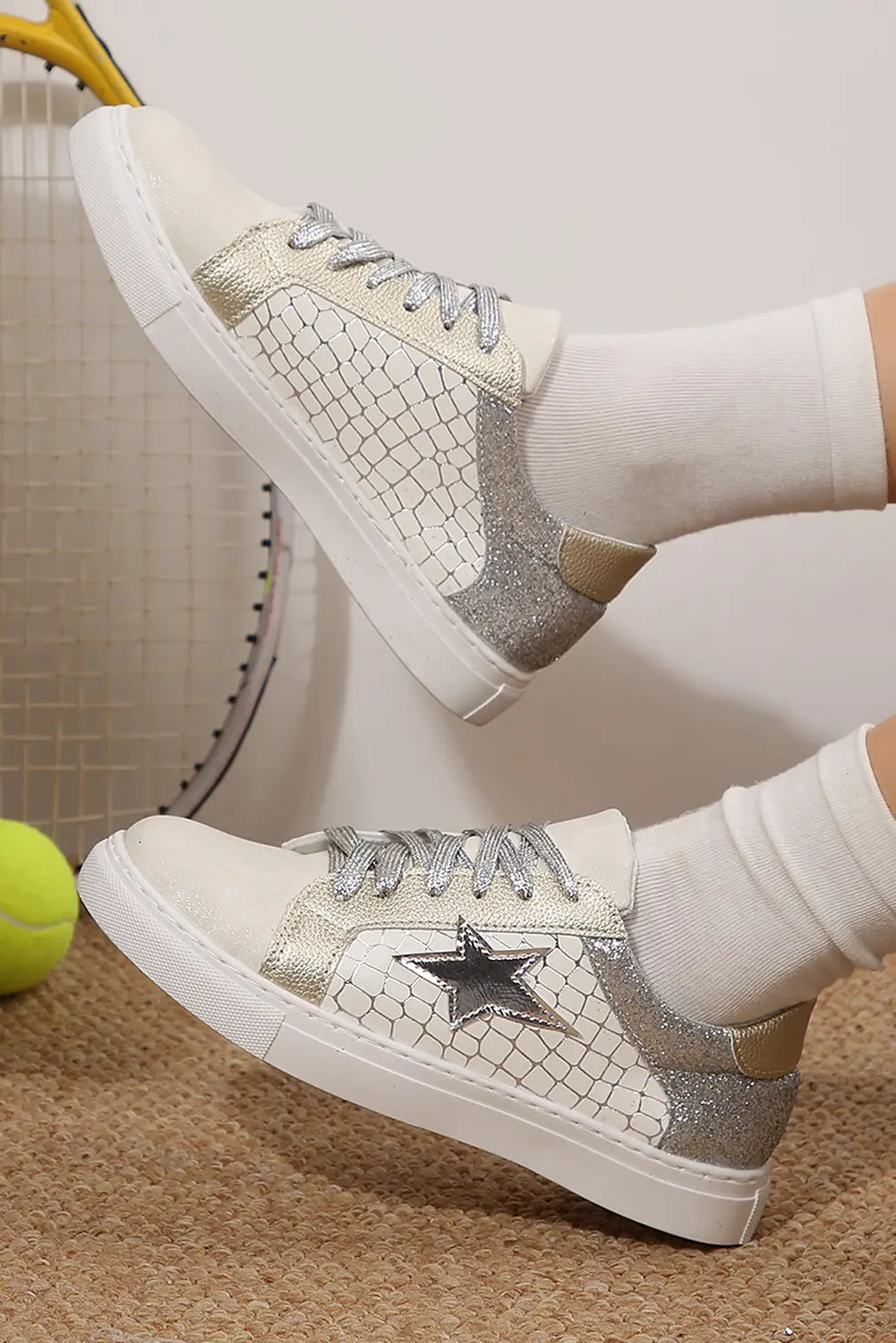 Silvery Glitter Star Patchwork PU Leather Lace-up Trainers - eAura