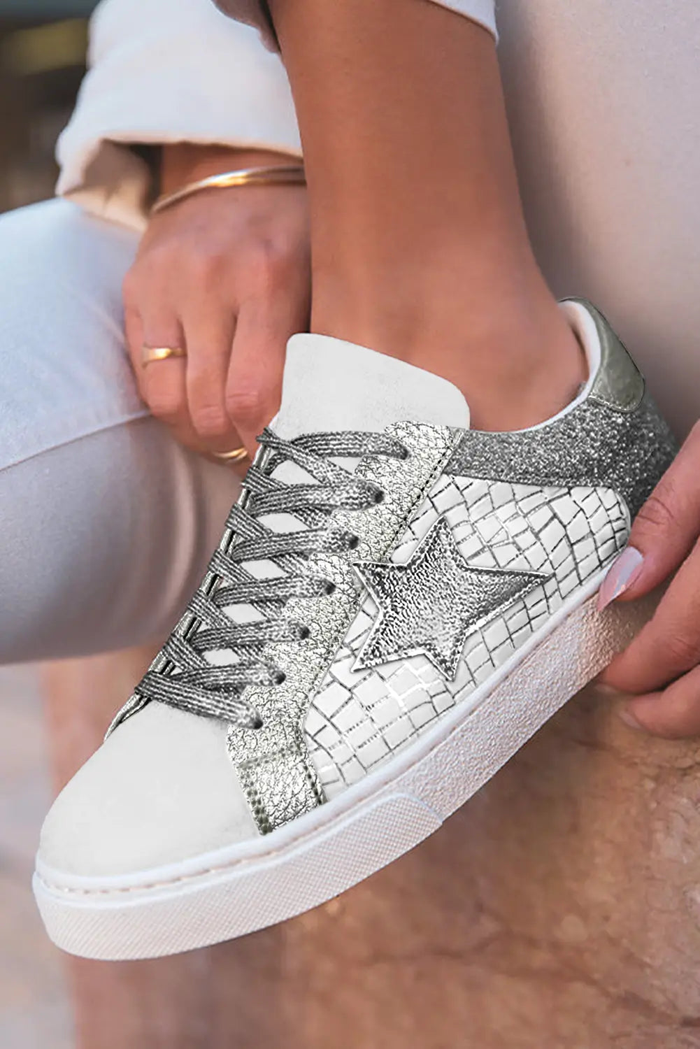 Silvery Glitter Star Patchwork PU Leather Lace-up Trainers - eAura