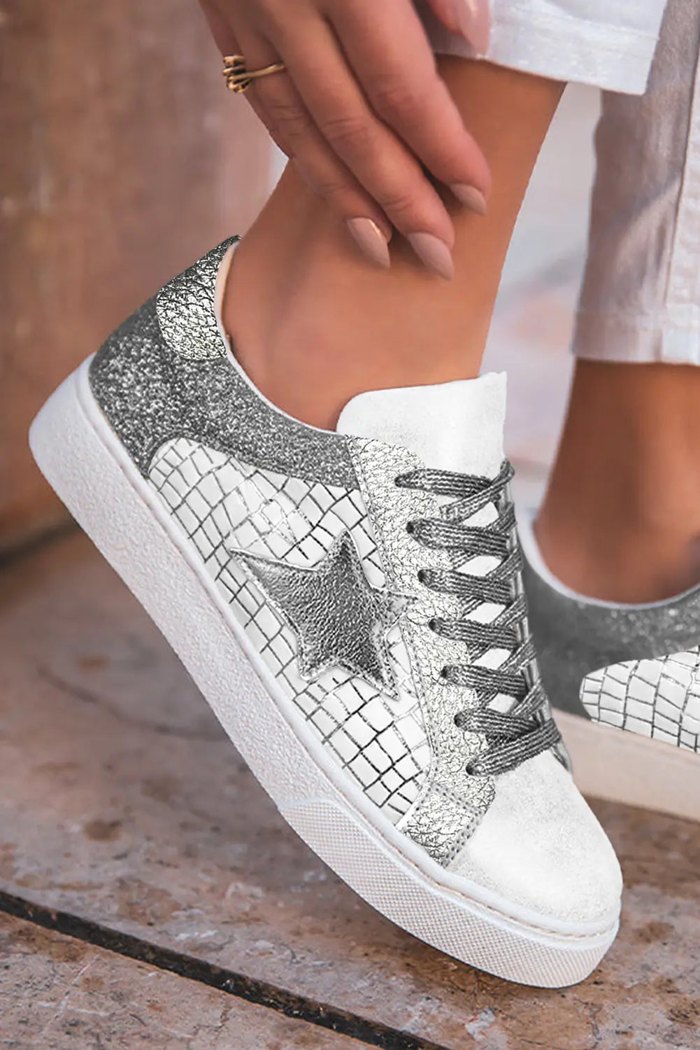 Silvery Glitter Star Patchwork PU Leather Lace-up Trainers - eAura