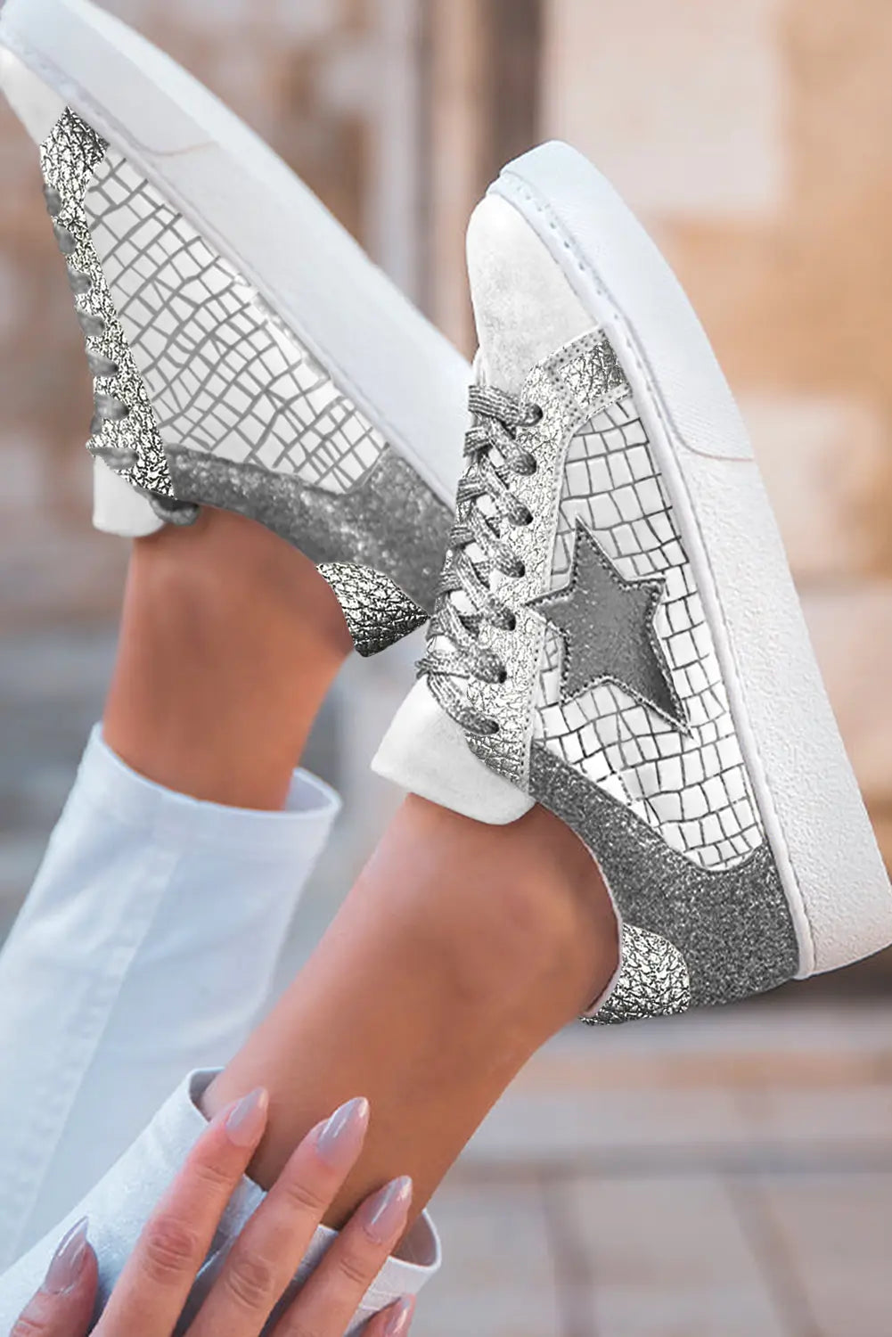 Silvery Glitter Star Patchwork PU Leather Lace-up Trainers - eAura