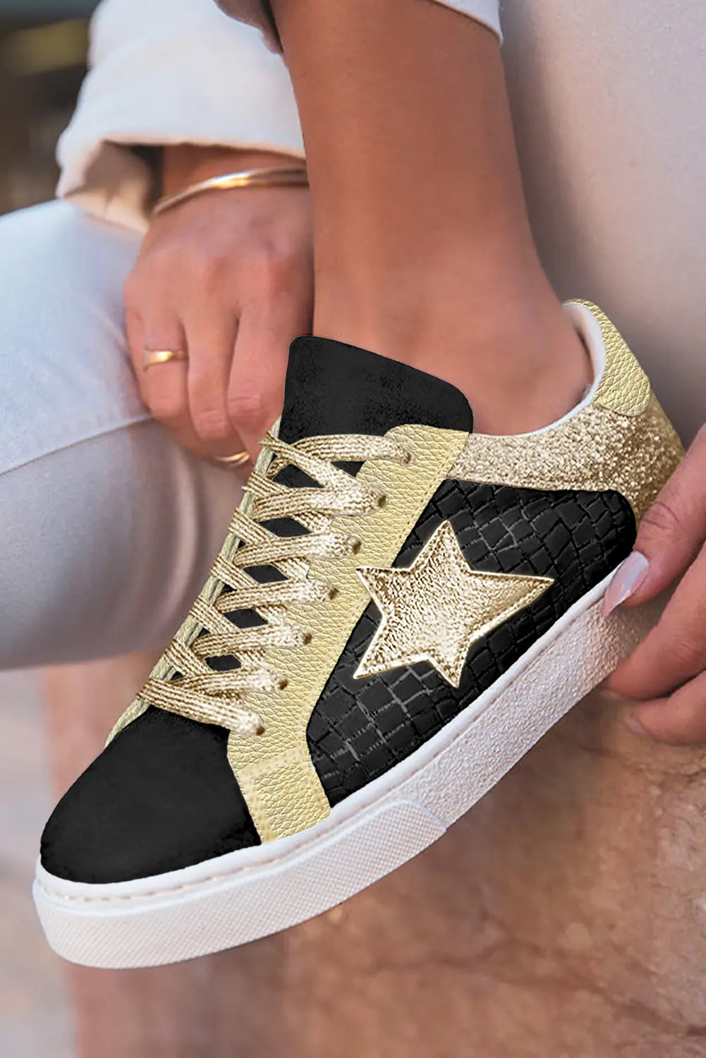 Silvery Glitter Star Patchwork PU Leather Lace-up Trainers - eAura