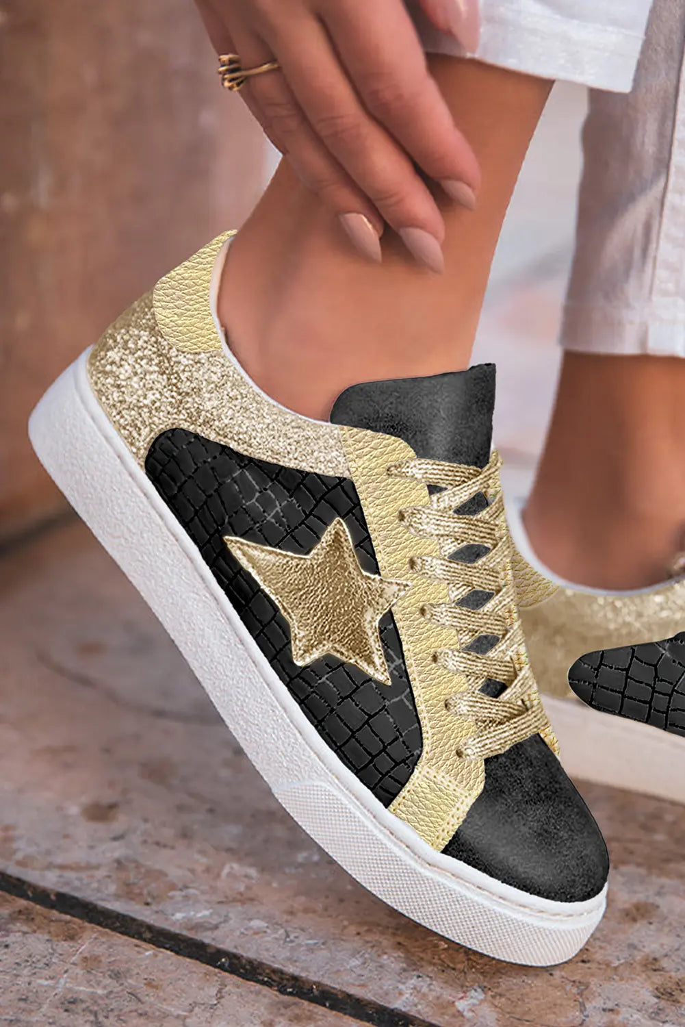 Silvery Glitter Star Patchwork PU Leather Lace-up Trainers - eAura