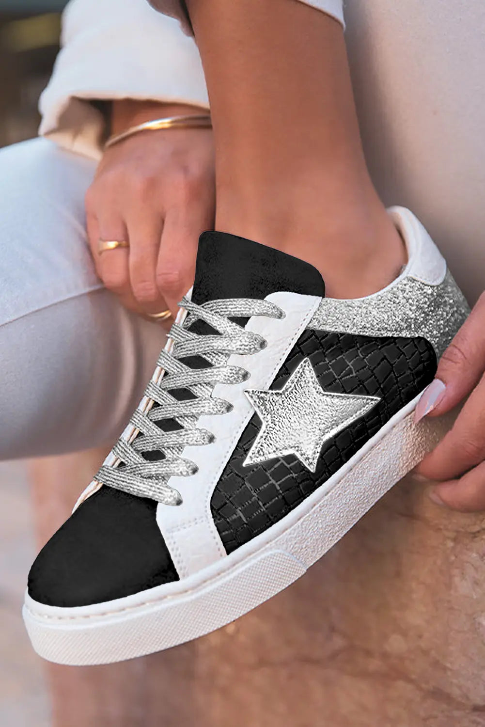 Silvery Glitter Star Patchwork PU Leather Lace-up Trainers - eAura