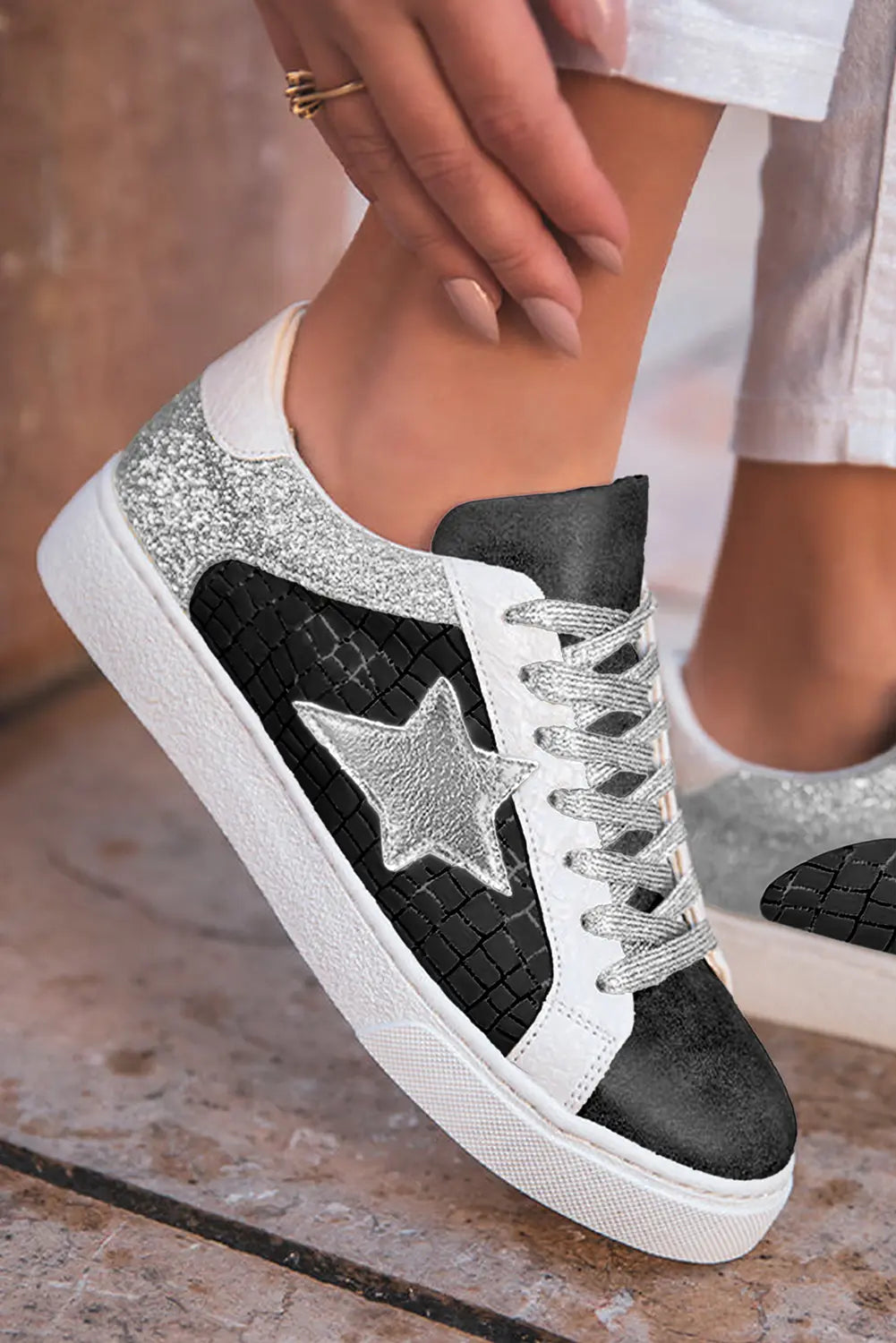 Silvery Glitter Star Patchwork PU Leather Lace-up Trainers - eAura