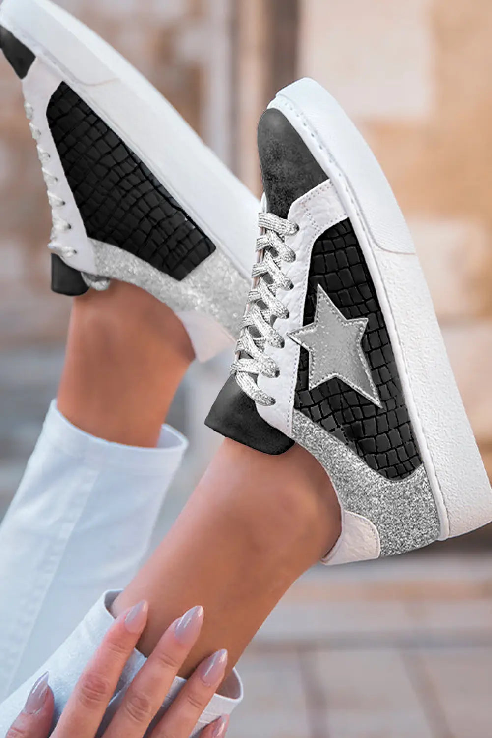 Silvery Glitter Star Patchwork PU Leather Lace-up Trainers - eAura