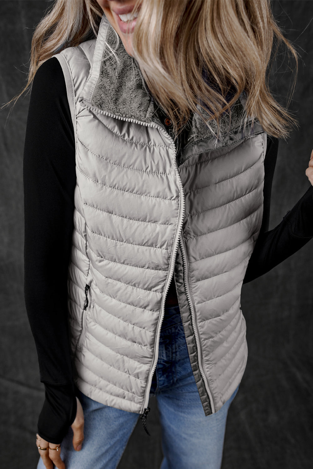 Silvery Plush Collared Quilted Zipped Puffer Vest - eAura