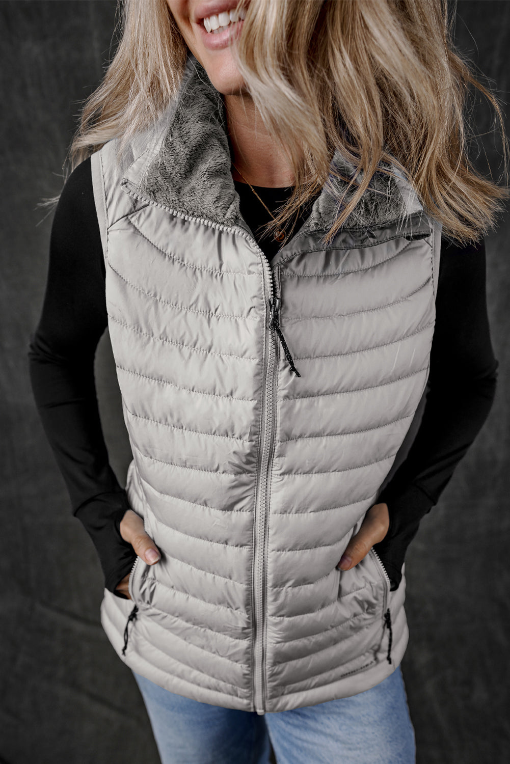 Silvery Plush Collared Quilted Zipped Puffer Vest - Outerwear/Vests