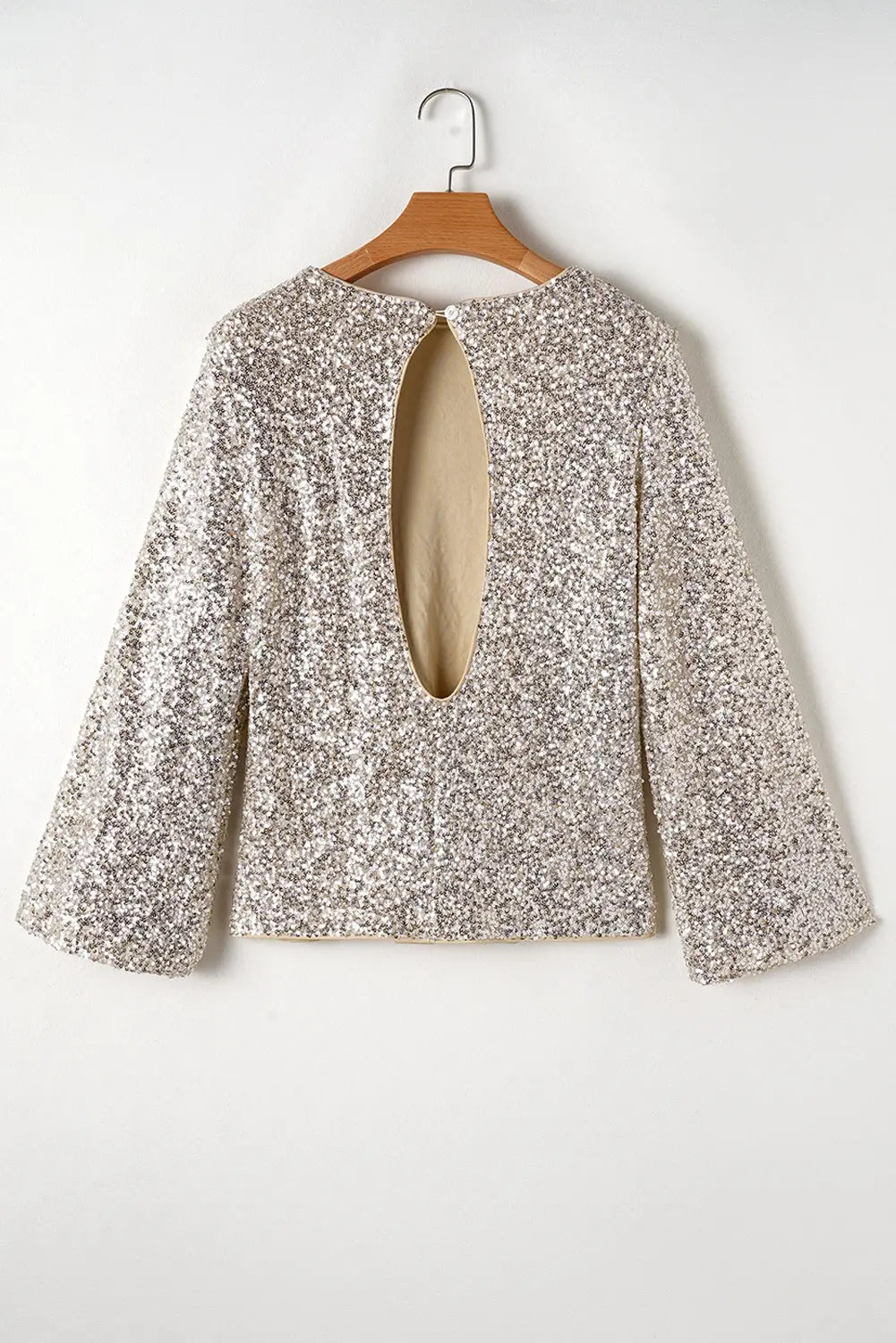 Silvery Sequin Puff Sleeve Cutout Back Blouse - BB Fashion Outlet
