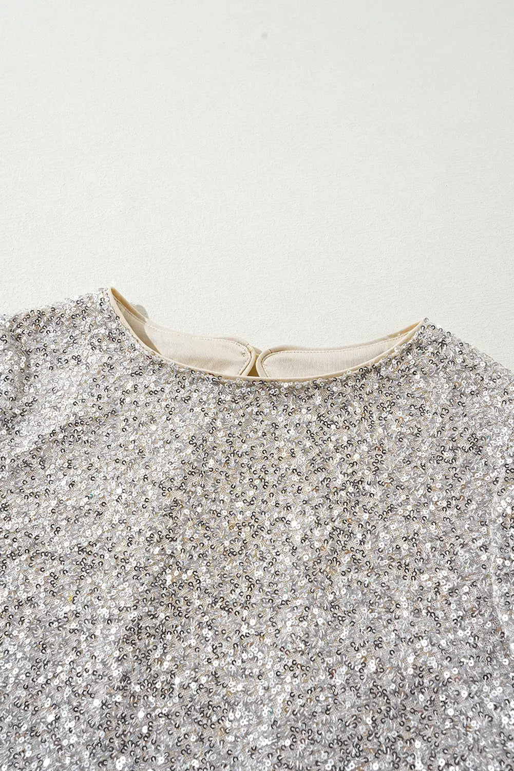 Silvery Sequin Puff Sleeve Cutout Back Blouse - BB Fashion Outlet