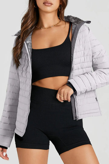 Silvery Solid Colour Quilted Zip-up Puffer Jacket - eAura