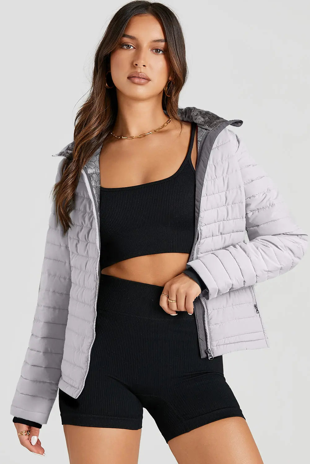 Silvery Solid Colour Quilted Zip-up Puffer Jacket - eAura